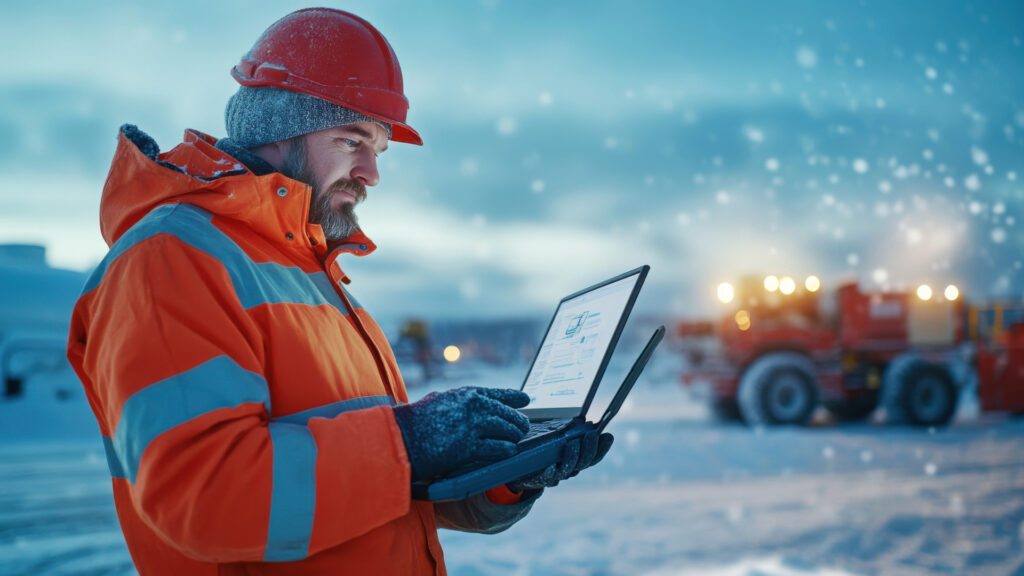 Rugged laptop running construction software with security overlay, representing IT protection on site.